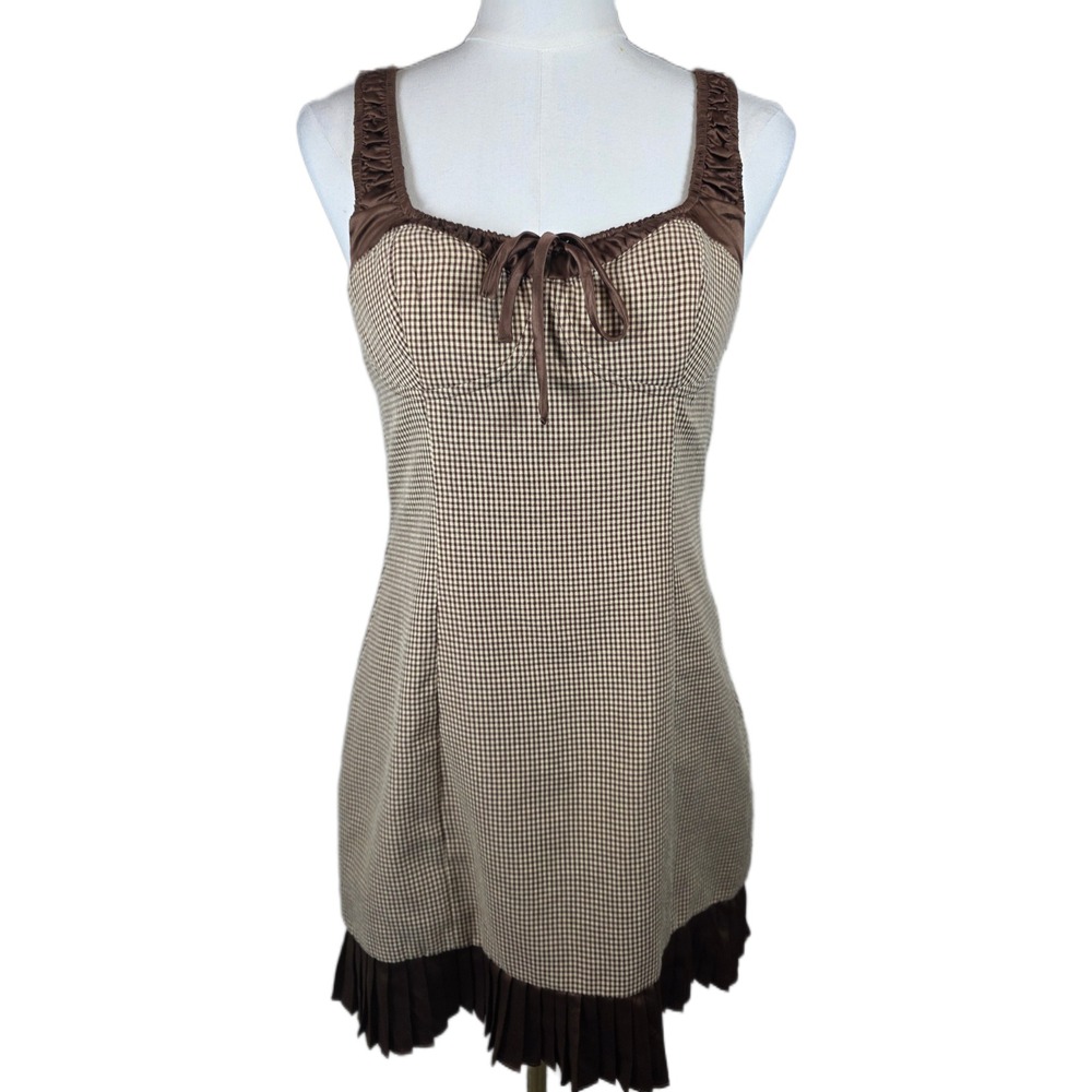 ASTR Brown Gingham Corset Dress w/Side Zip‎ & Pleated Hem